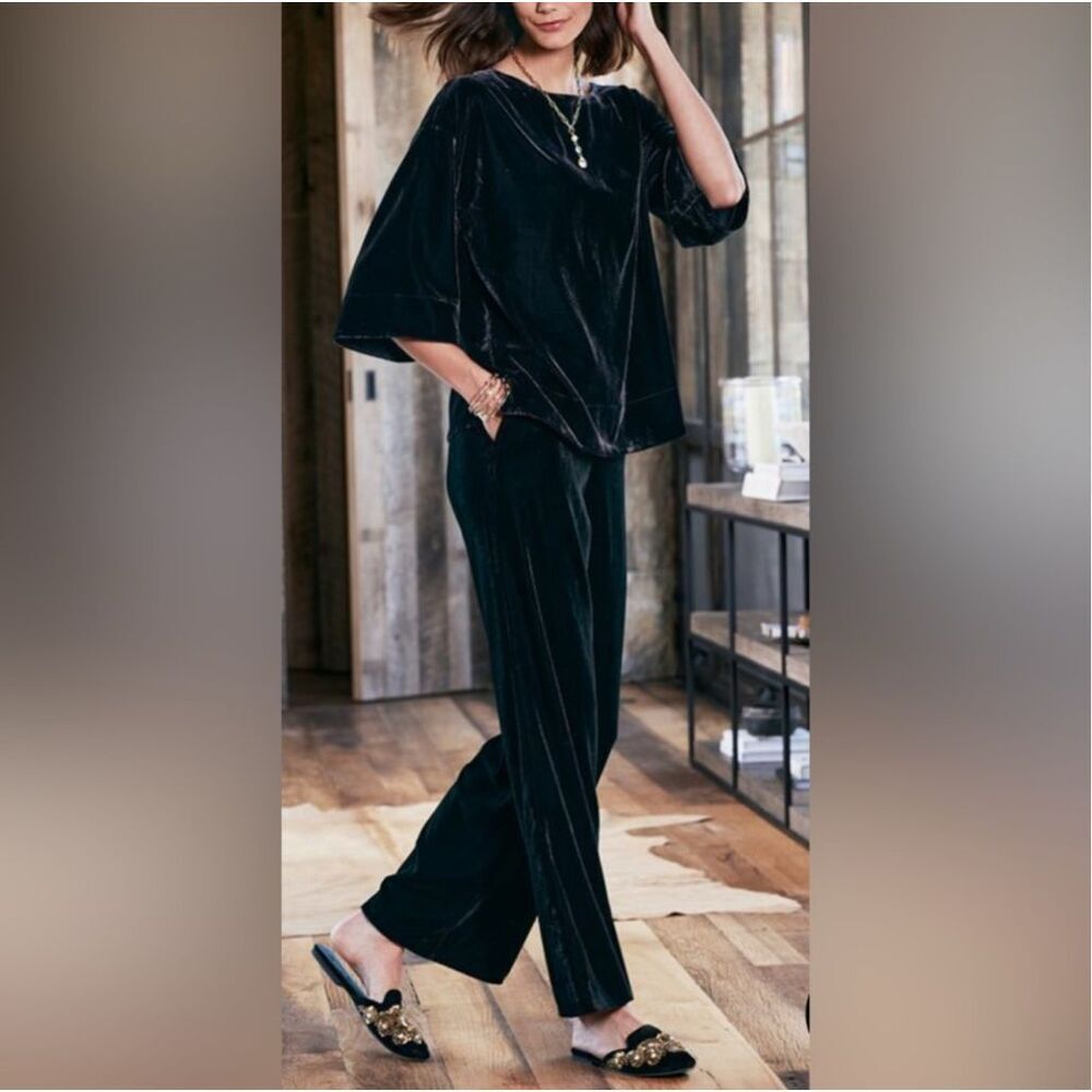 SOFT SURROUNDINGS | Aria Velvet Wide Leg Pants Solid Black Elastic Pull-on | XL